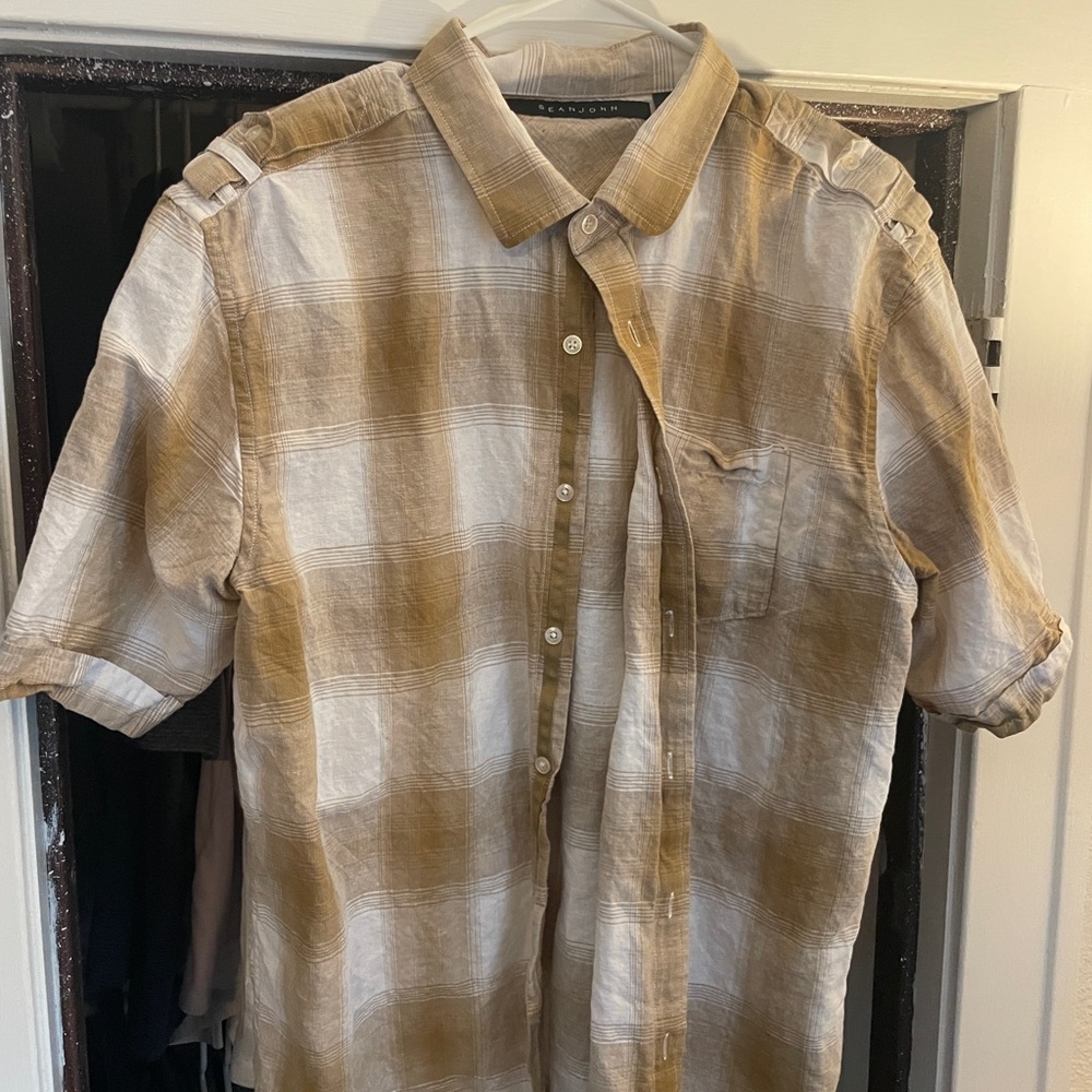 Men's Tan linen Plaid Shirt